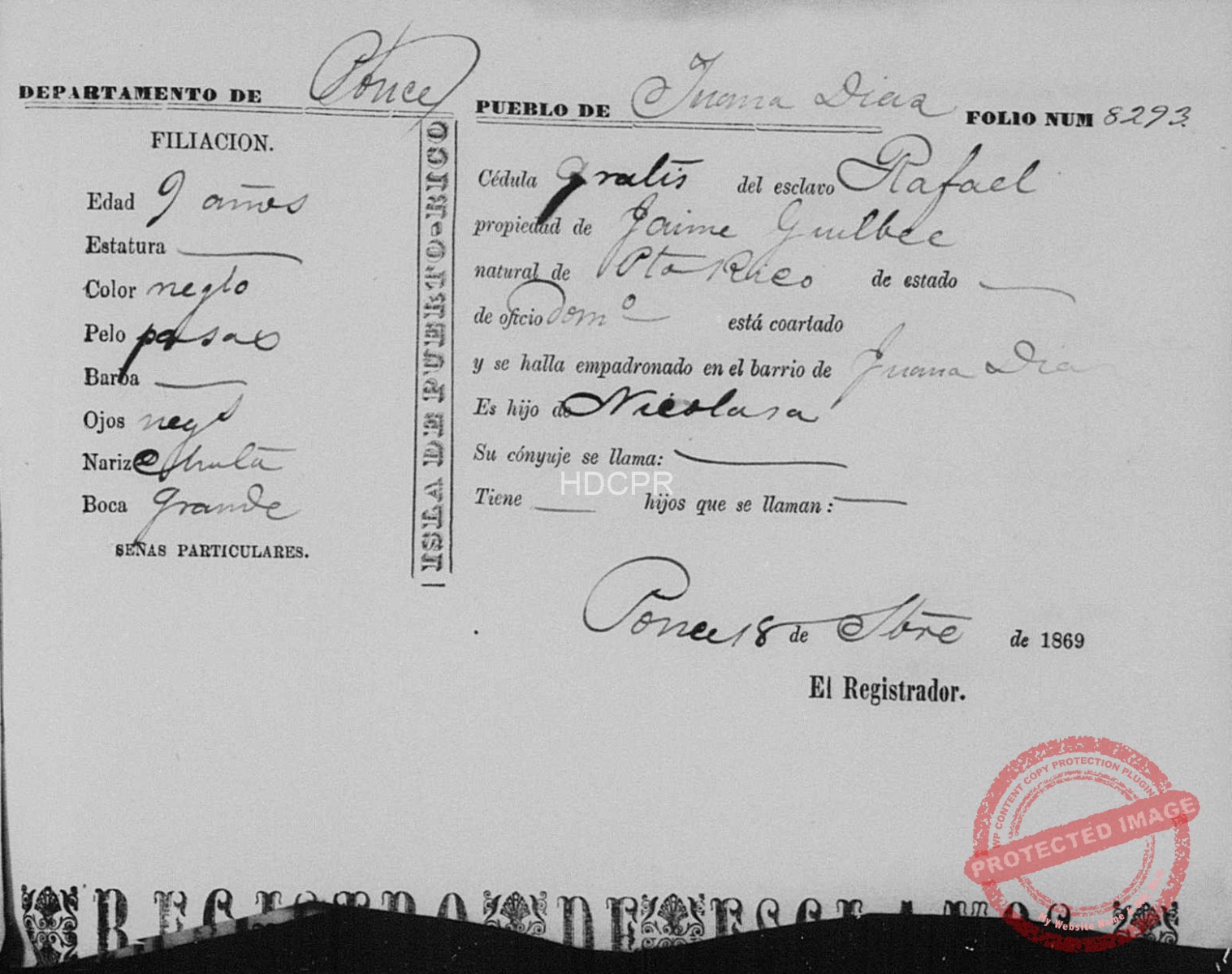 1872 Slave Schedule for Puerto Rico by District Puerto Rican