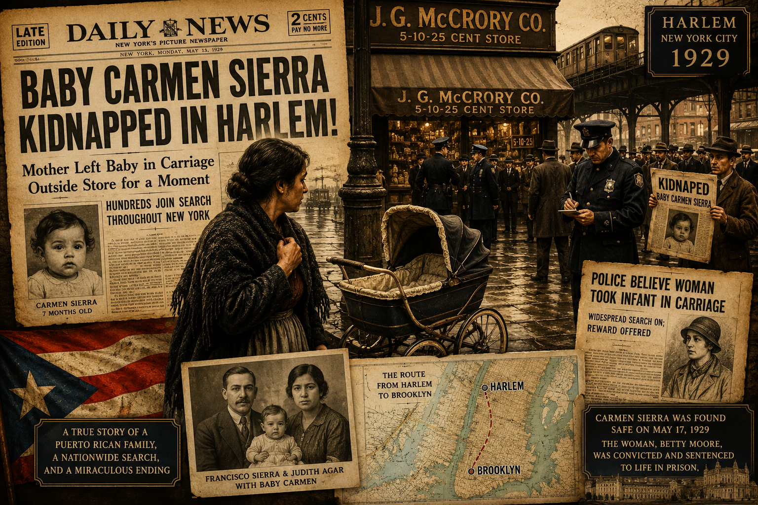 Historical illustration depicting the 1929 kidnapping of baby Carmen Sierra in New York City, showing a baby carriage outside a Harlem department store, detectives investigating, and the Puerto Rican family's search for their missing child.