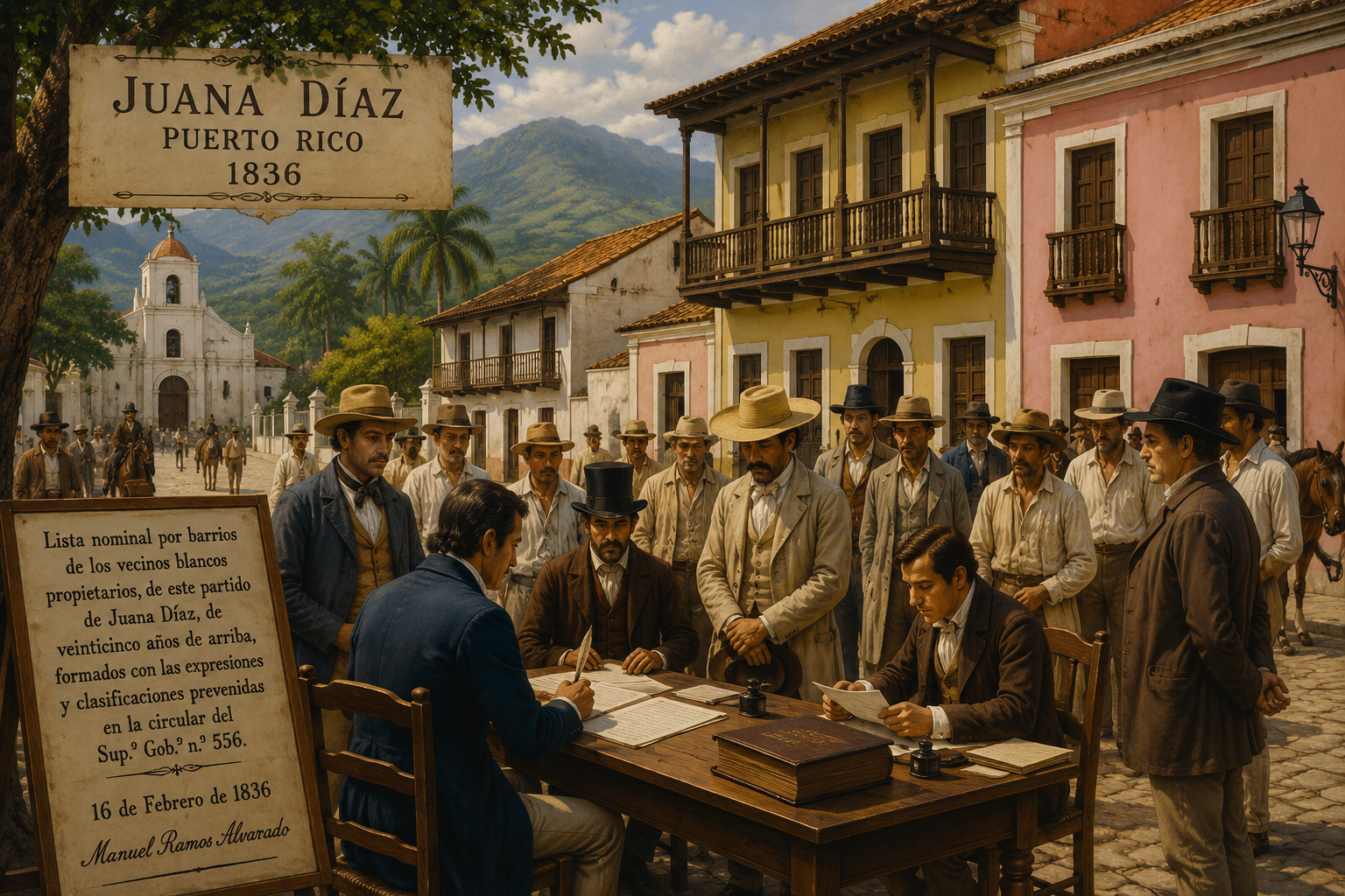 Historical illustration depicting officials recording white property owners in Juana Díaz, Puerto Rico, in 1836, based on the Spanish colonial census listing property owners by barrio.