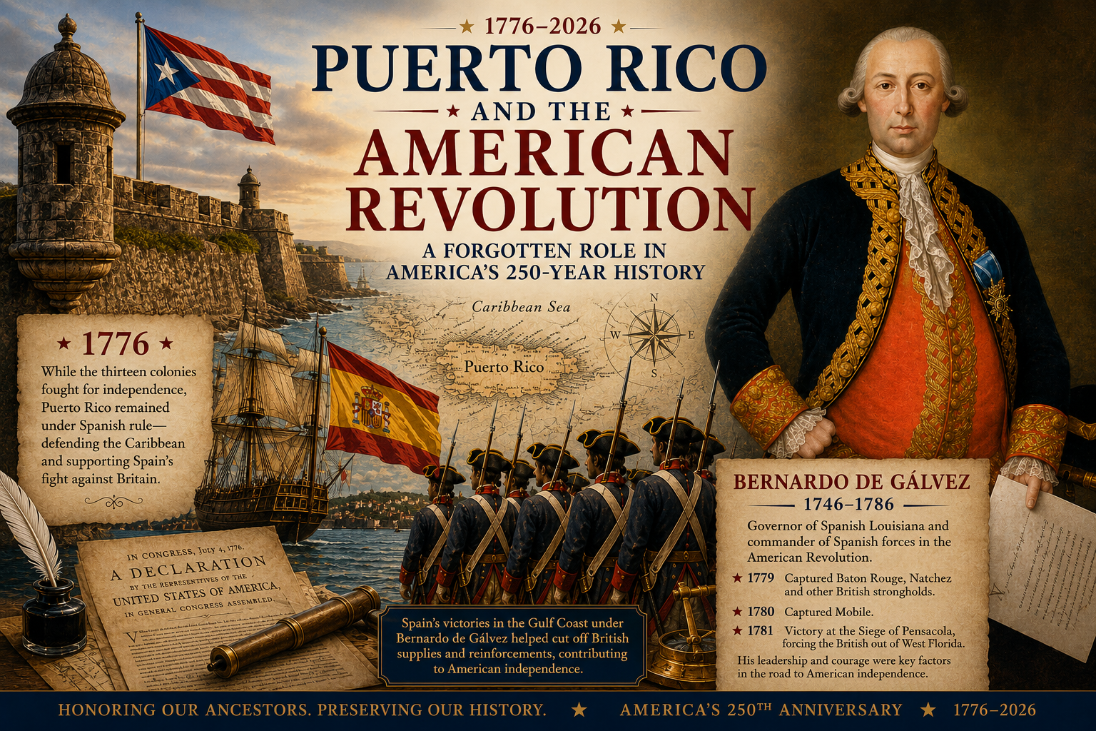 Historical illustration showing Puerto Rico's role in the American Revolution, featuring Castillo San Felipe del Morro, Bernardo de Gálvez, Spanish soldiers, colonial ships, the Spanish and Puerto Rican flags, and documents highlighting Spain's support for American independence during the Revolutionary War.