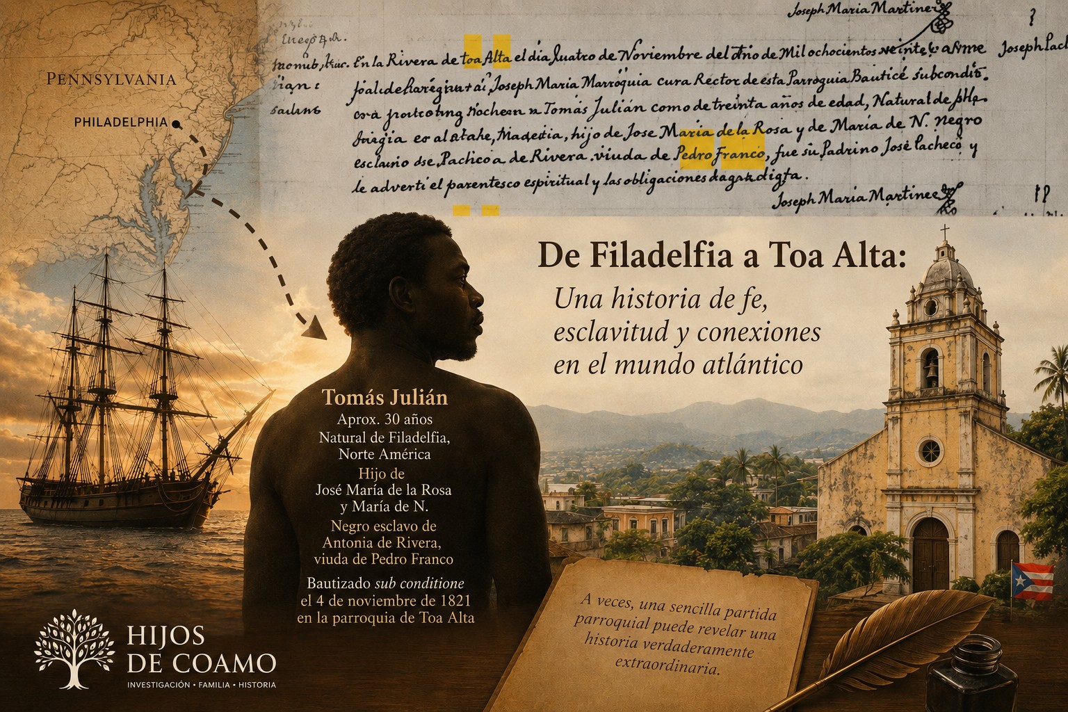 Historical illustration depicting Tomás Julián, an enslaved man born in Philadelphia, North America, who was conditionally baptized in Toa Alta, Puerto Rico, in 1821, illustrating the little-known movement of enslaved people between the United States and the Spanish Caribbean.
