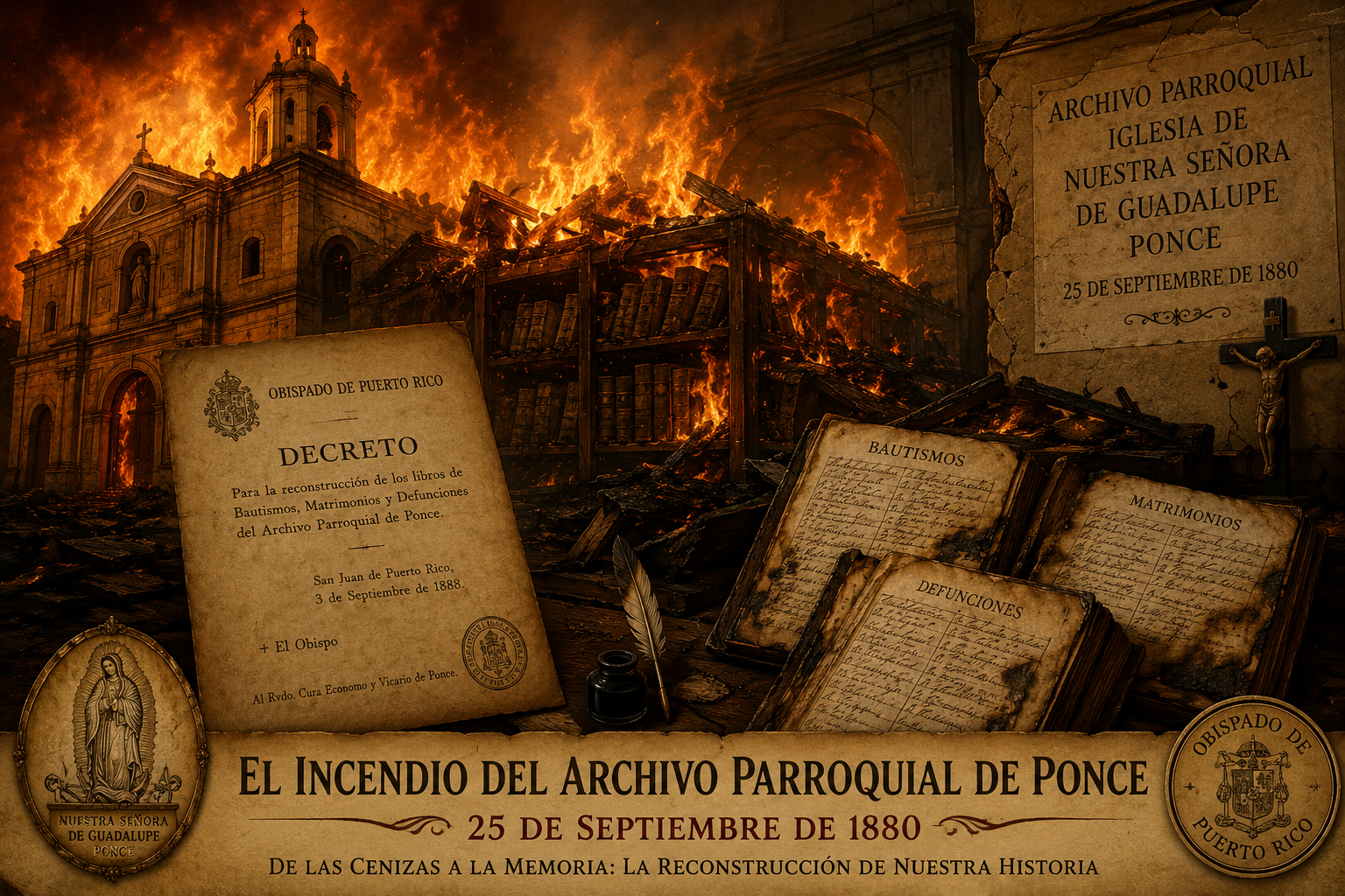 Artistic reconstruction of the Ponce Parish Archives Fire of September 25, 1880, showing the Church of Our Lady of Guadalupe engulfed in flames as sacramental records and parish archives burn, illustrating one of Puerto Rico's greatest genealogical disasters.