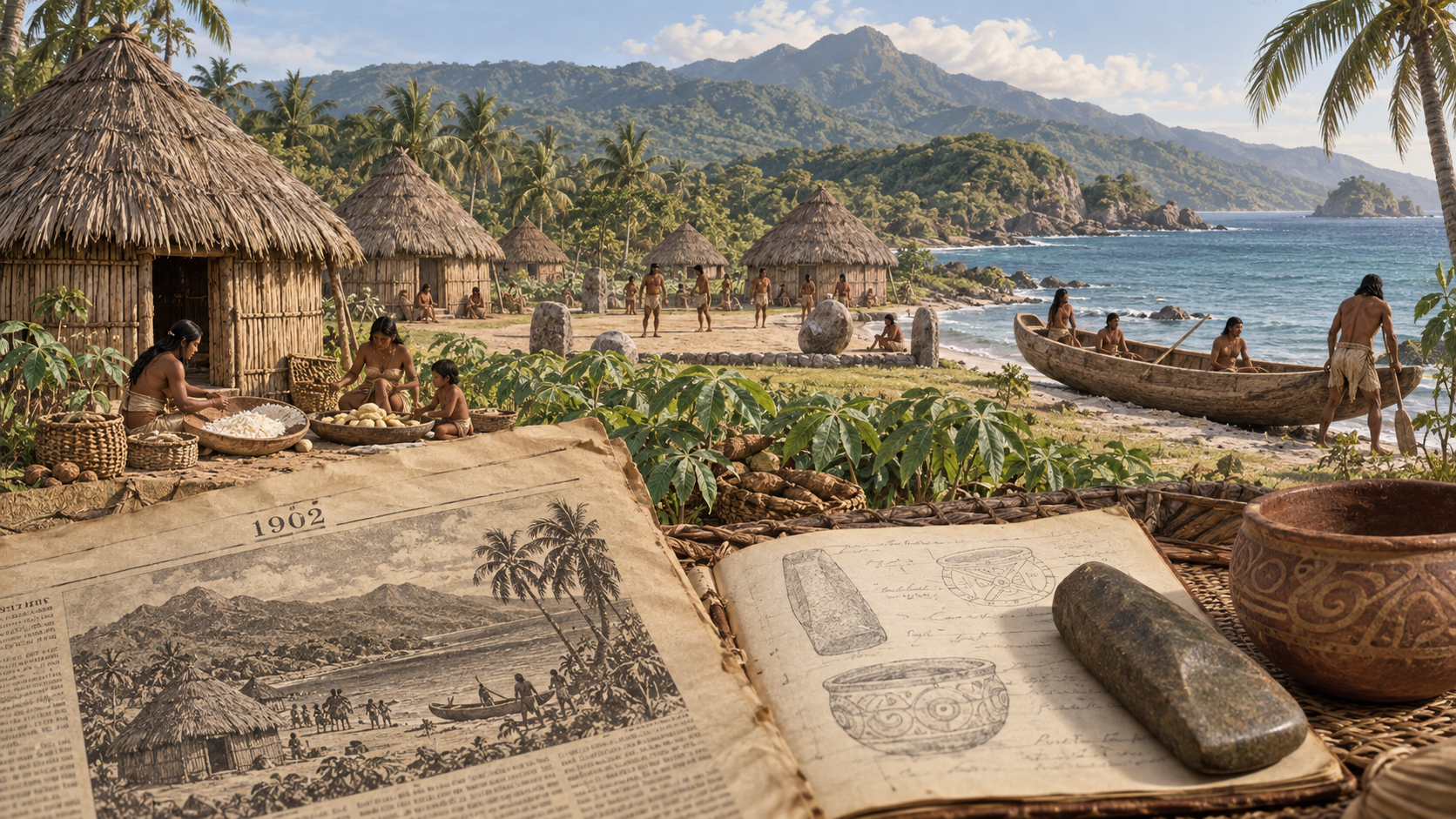 Indigenous community in prehistoric Puerto Rico with bohíos, cassava cultivation, a canoe, and 1902 archaeological records.